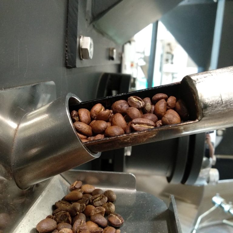 Grains de café torréfiés sortant d'une machine à café.